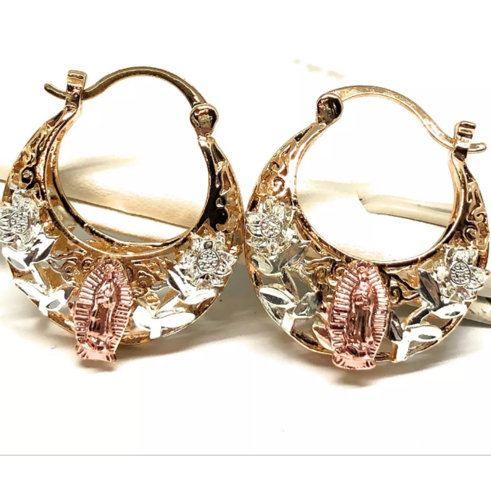 Gold Pl Tri-Color Virgin Mary Basket Flower Earrings Virgen de Guadalupe Aretes